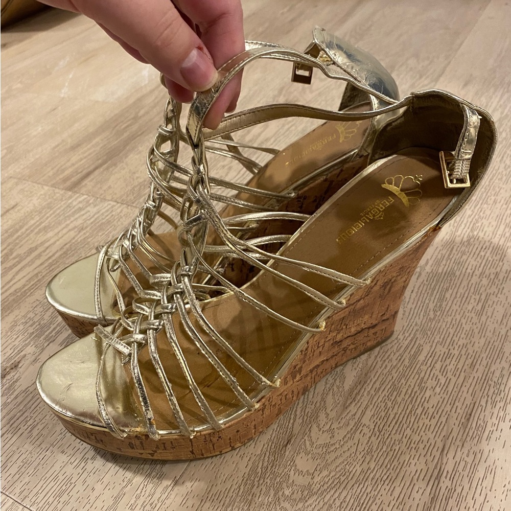 Fergalicious Strappy Gold Wedge Heels